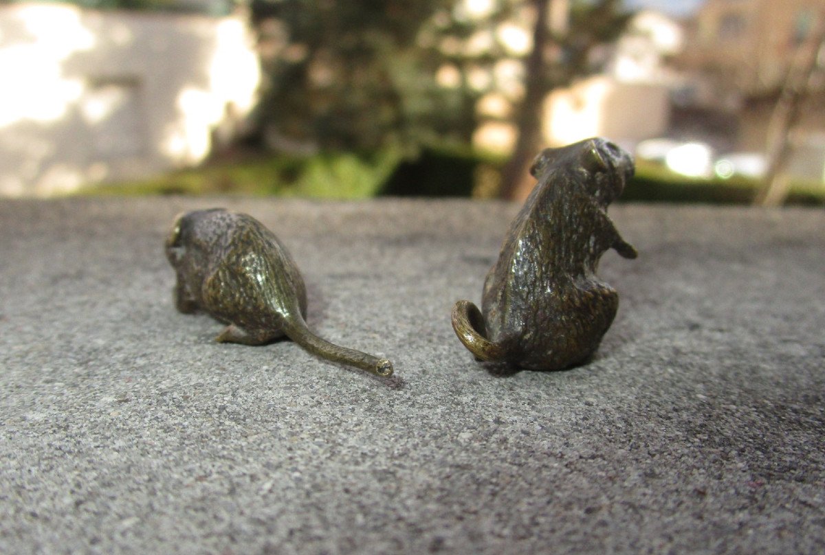 Two Beautiful Little 19th Century Bronze Mice From Vienna Signed Geschützt.-photo-1