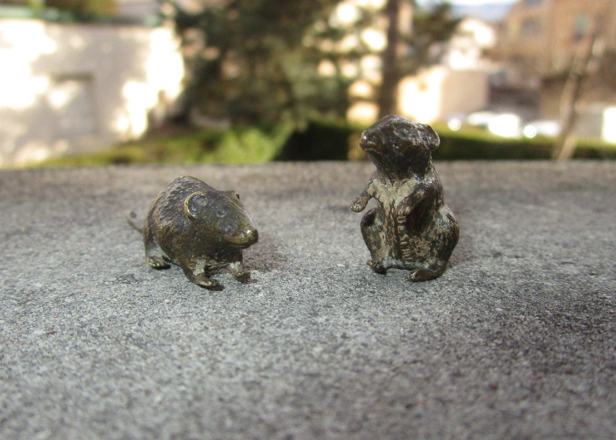 Two Beautiful Little 19th Century Bronze Mice From Vienna Signed Geschützt.-photo-3