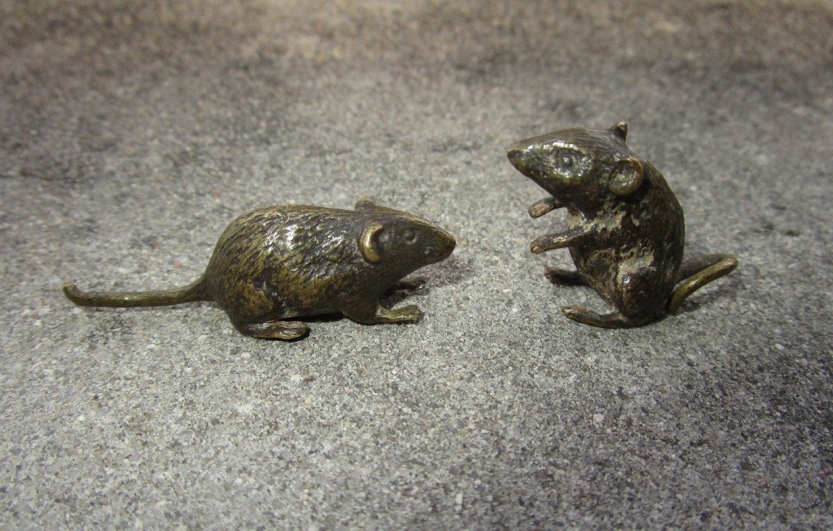 Two Beautiful Little 19th Century Bronze Mice From Vienna Signed Geschützt.