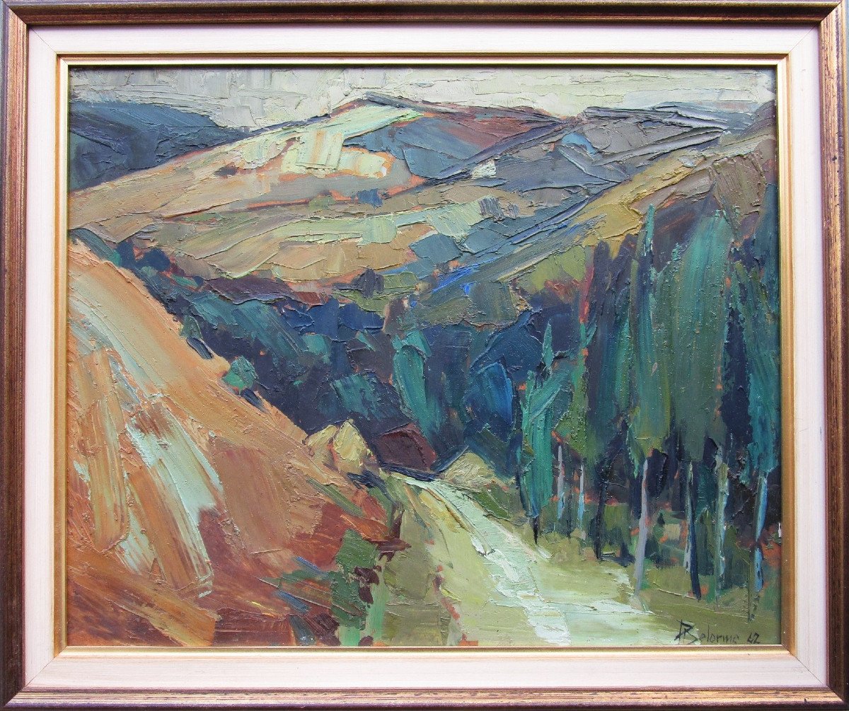 Pierre Delorme Very Beautiful Cubist Mountain Landscape Painting In Shades Of Green And Brown 1962-photo-2