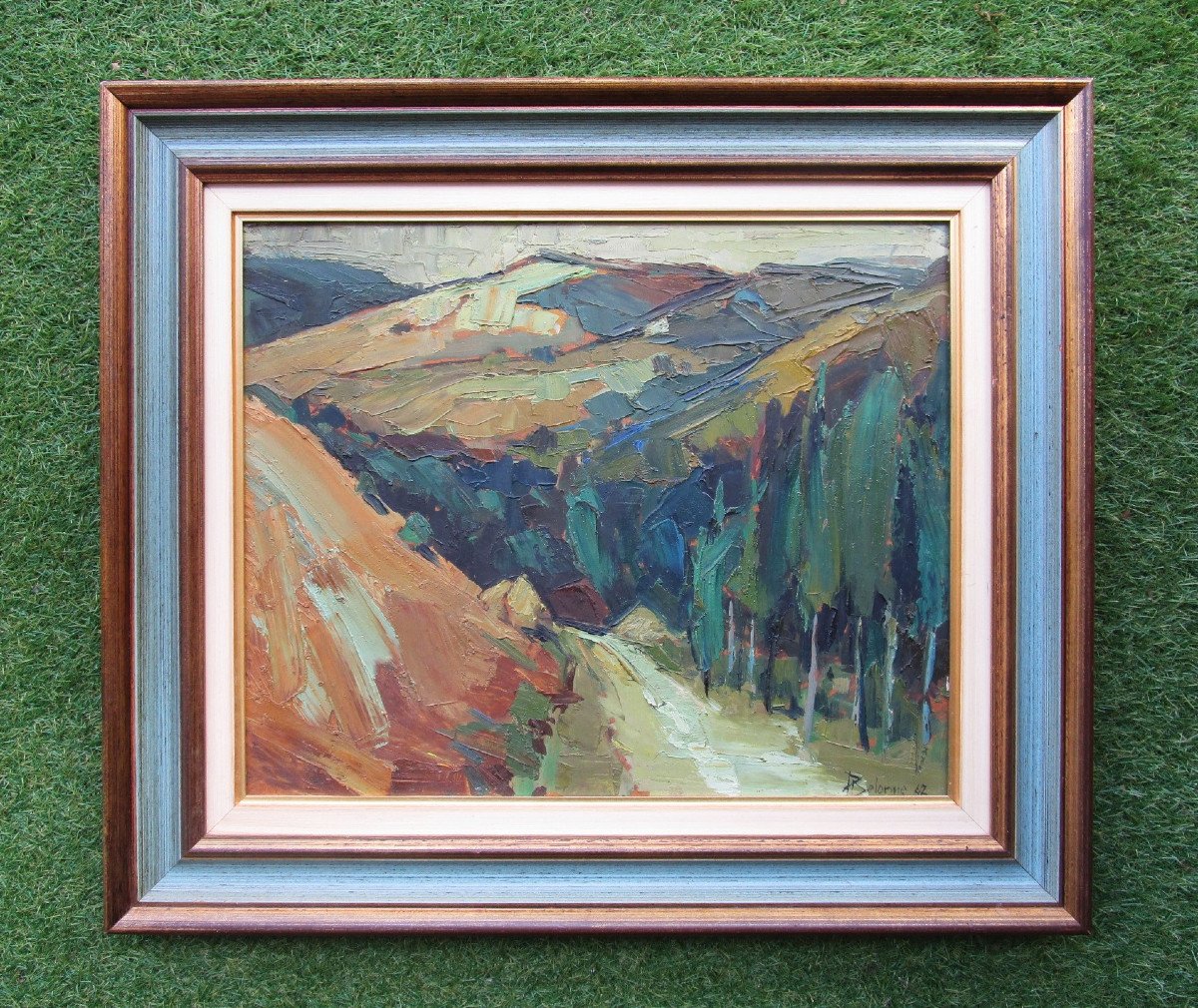 Pierre Delorme Very Beautiful Cubist Mountain Landscape Painting In Shades Of Green And Brown 1962