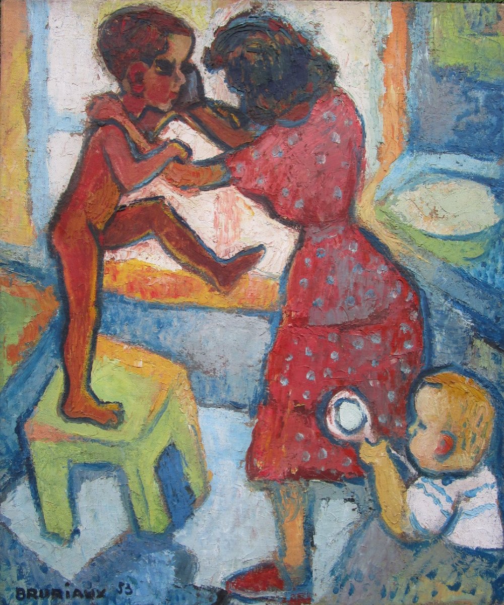 Odette Bruriaux Joute Matinale Très Belle Huile Sur Toile tableau Signé 1953 école De Paris.-photo-2