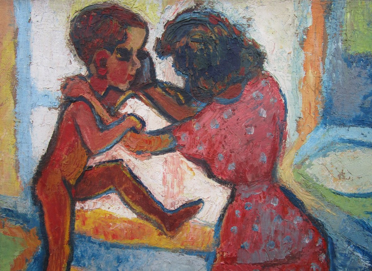 Odette Bruriaux Joute Matinale Très Belle Huile Sur Toile tableau Signé 1953 école De Paris.-photo-3