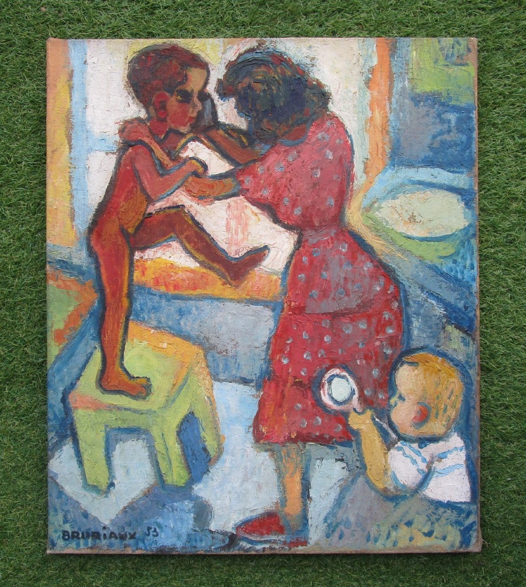 Odette Bruriaux Joute Matinale Très Belle Huile Sur Toile tableau Signé 1953 école De Paris.