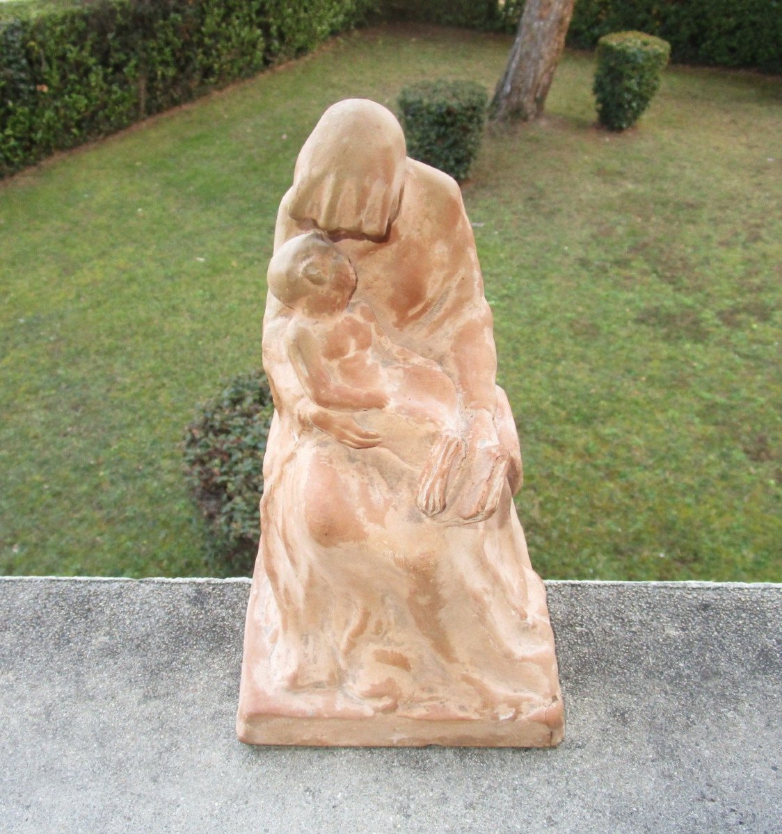 Old Beautiful Terracotta Sculpture Signed Woman And Her Child Late 19th Or Early 20th Century-photo-2