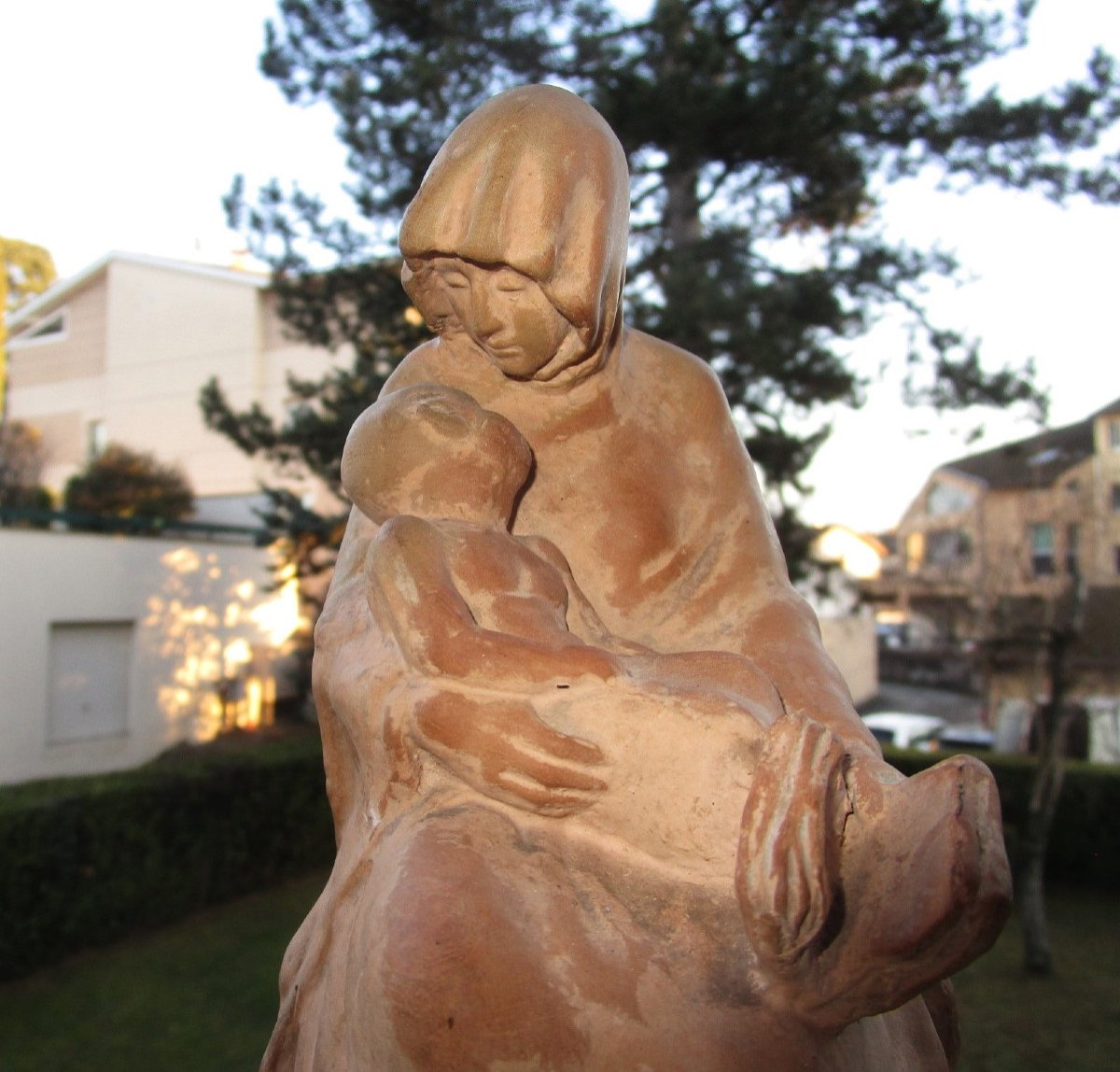 Old Beautiful Terracotta Sculpture Signed Woman And Her Child Late 19th Or Early 20th Century-photo-3