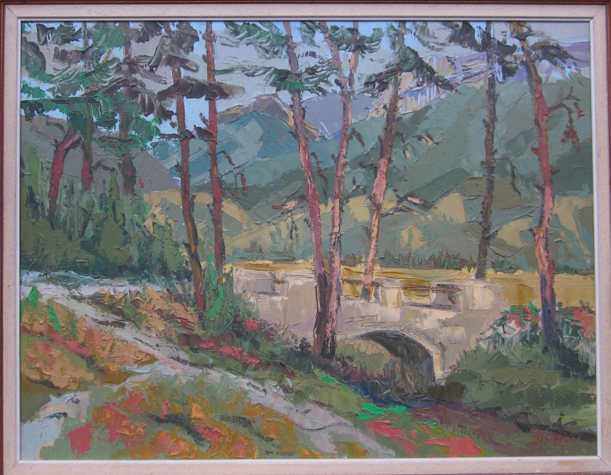 The Little Bridge Of Menglon, Beautiful Painting Signed Marcel Barthès, Near Die Chatillon En Diois Luc-photo-2