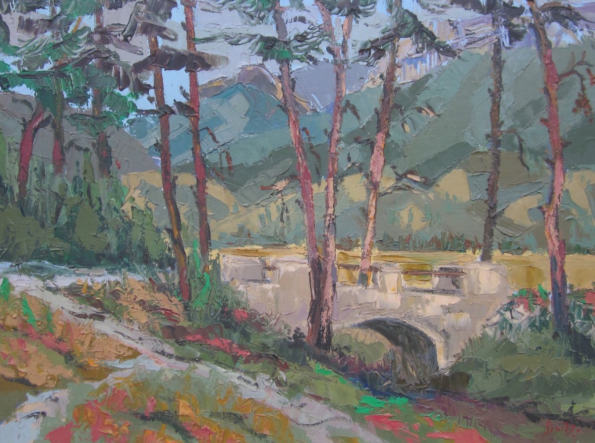 The Little Bridge Of Menglon, Beautiful Painting Signed Marcel Barthès, Near Die Chatillon En Diois Luc-photo-3