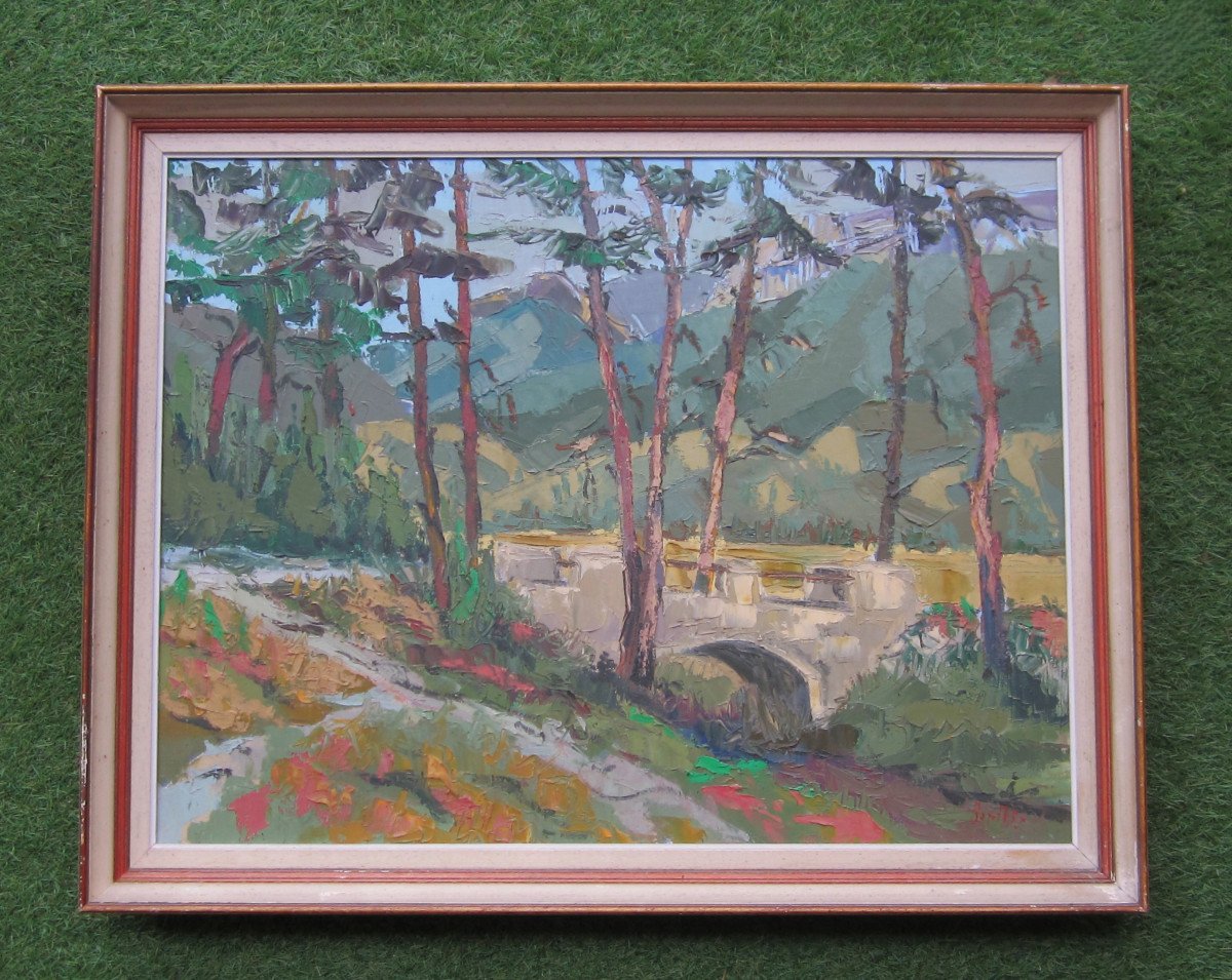 The Little Bridge Of Menglon, Beautiful Painting Signed Marcel Barthès, Near Die Chatillon En Diois Luc