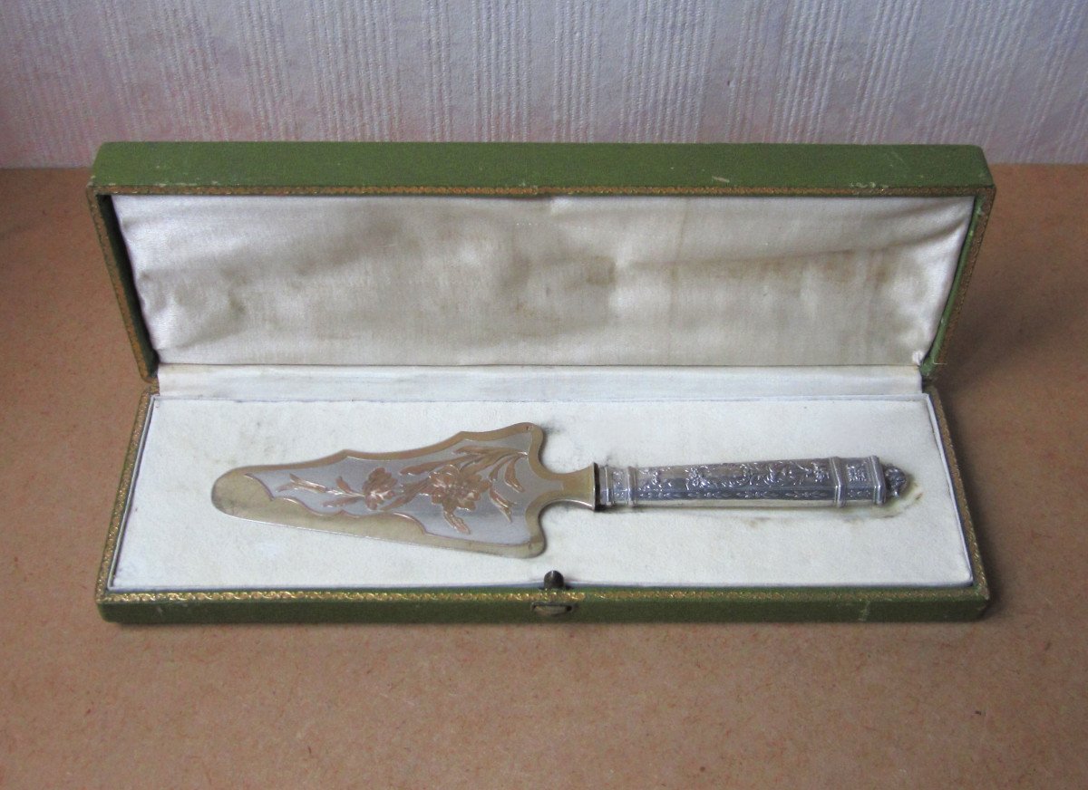 Old Beautiful Cake Or Pie Server In Solid Silver And Vermeil With Its Box.-photo-2