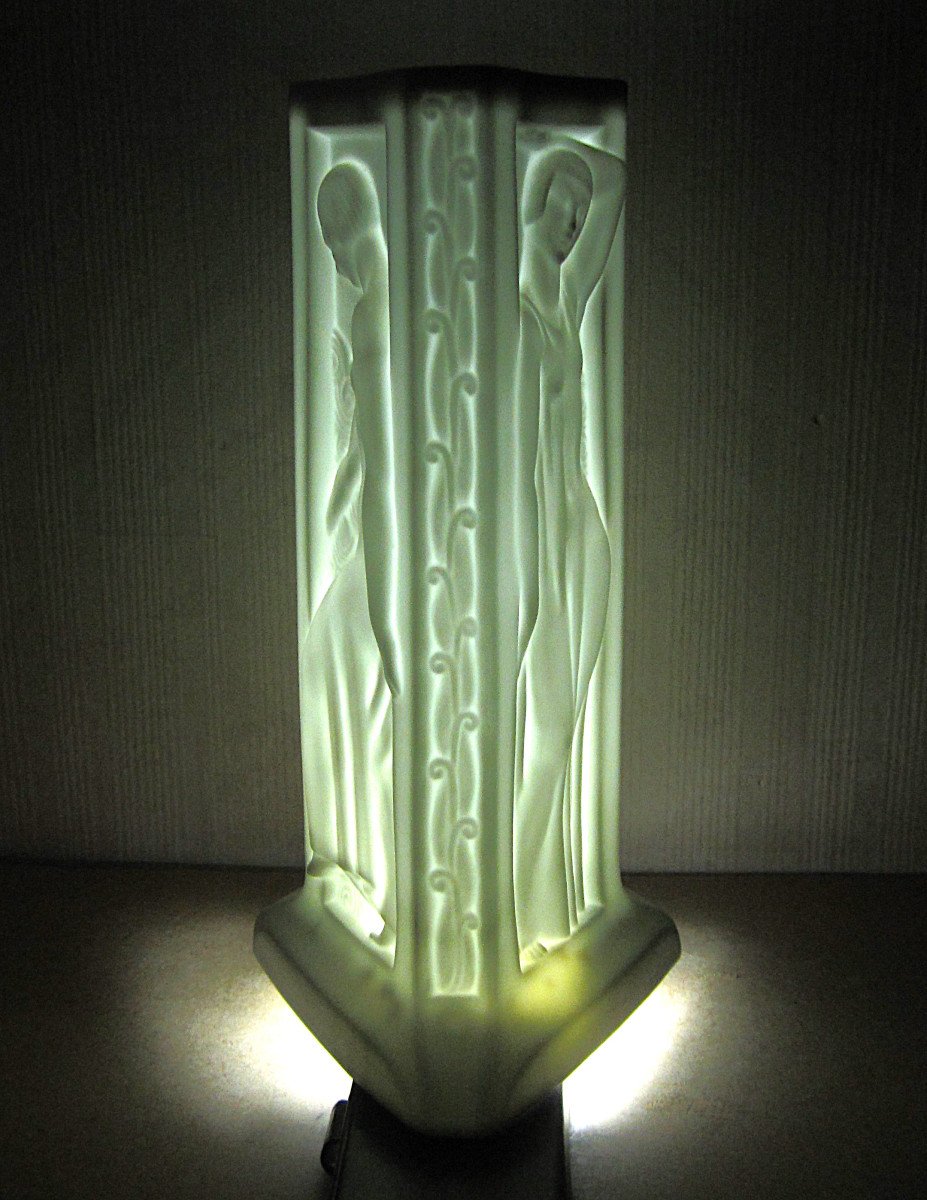 Porcelain Biscuit Lithophane Lamp Base Art Deco Women Night Light Spare Part.-photo-7