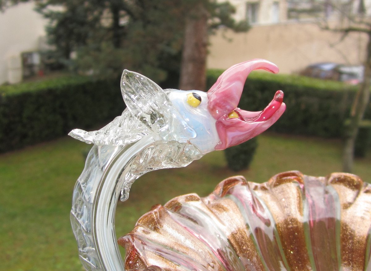 Murano, Belle Coupe Vide-poche au Dragon En Verre coloré Et Paillettes d'Or Attribué à Salviati-photo-2