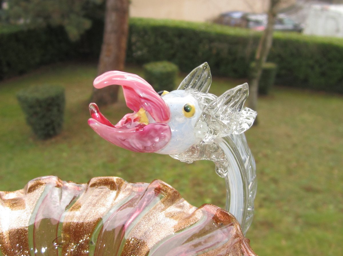 Murano, Belle Coupe Vide-poche au Dragon En Verre coloré Et Paillettes d'Or Attribué à Salviati-photo-3