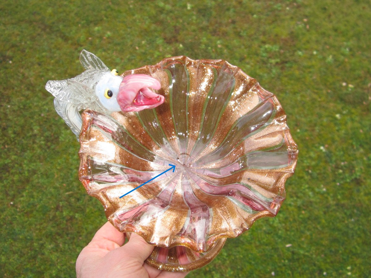 Murano, Belle Coupe Vide-poche au Dragon En Verre coloré Et Paillettes d'Or Attribué à Salviati-photo-7