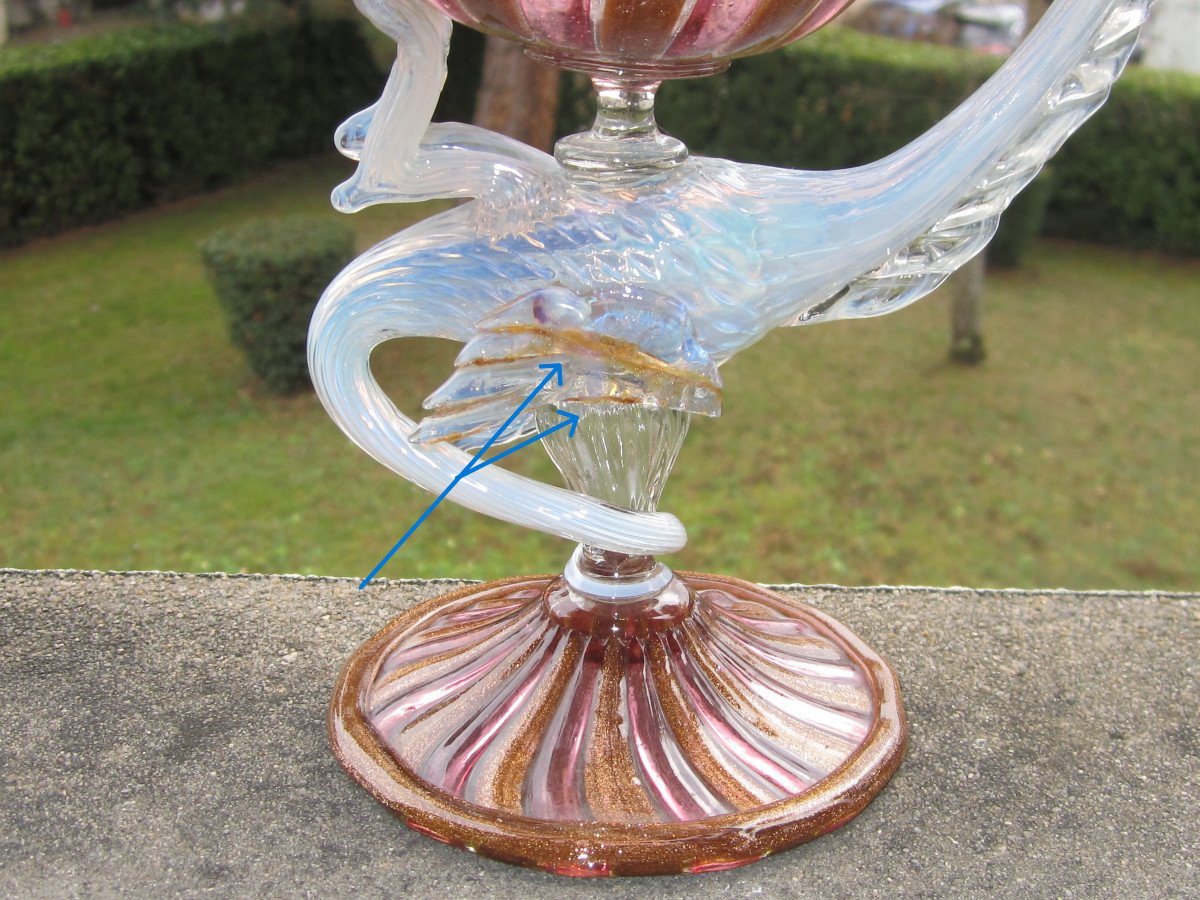 Murano, Belle Coupe Vide-poche au Dragon En Verre coloré Et Paillettes d'Or Attribué à Salviati-photo-6