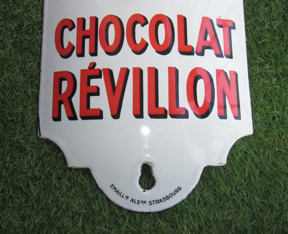 Chocolat Révillon, Old Enameled Advertising Plaque Thermometer Complete In Very Good Condition.-photo-3