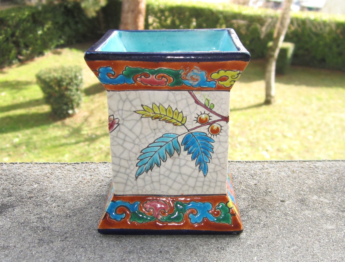 Longwy Enamels Very Beautiful Small Pencil Holder Or Pocket Emptier 19th Century Height 9.3 Cm.-photo-3