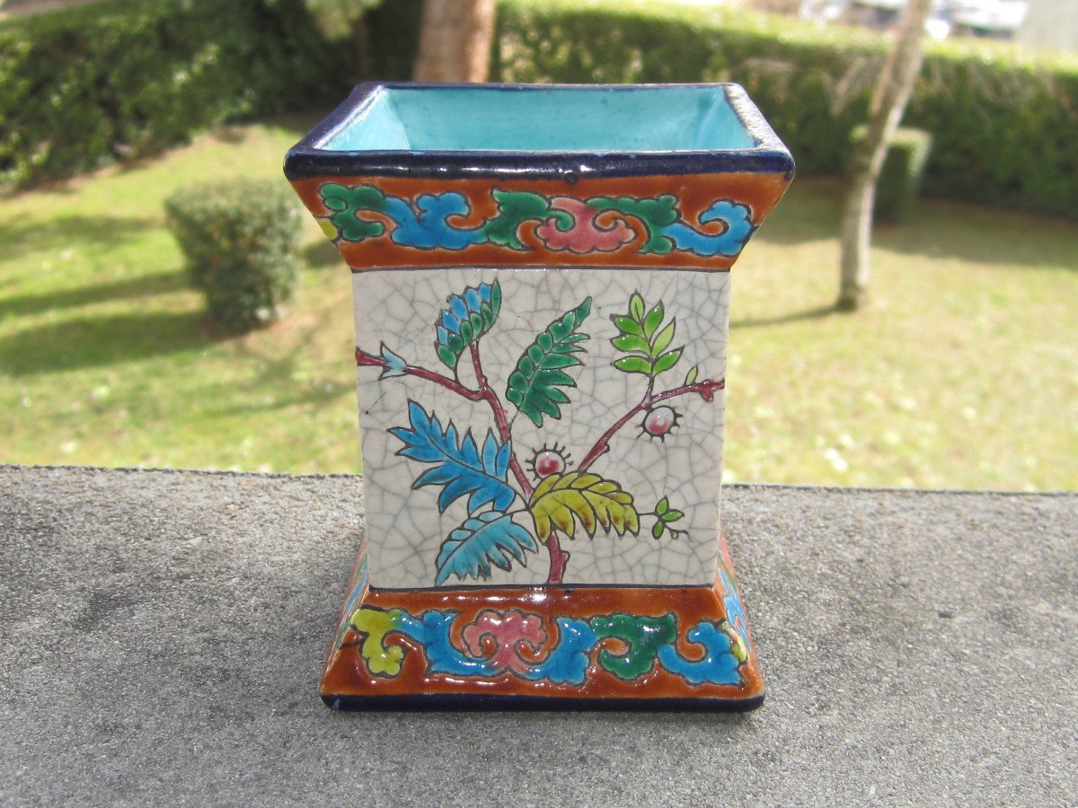 Longwy Enamels Very Beautiful Small Pencil Holder Or Pocket Emptier 19th Century Height 9.3 Cm.-photo-4