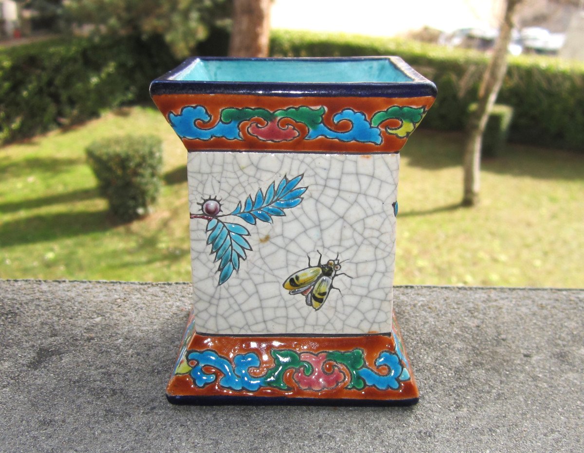 Longwy Enamels Very Beautiful Small Pencil Holder Or Pocket Emptier 19th Century Height 9.3 Cm.-photo-1