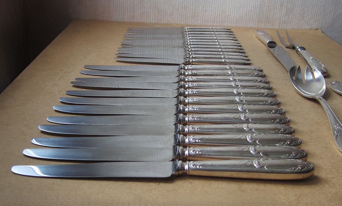 12 Table Knives, 12 Dessert Knives And 2 Pairs Of Silver Plated Metal Serving Cutlery-photo-4