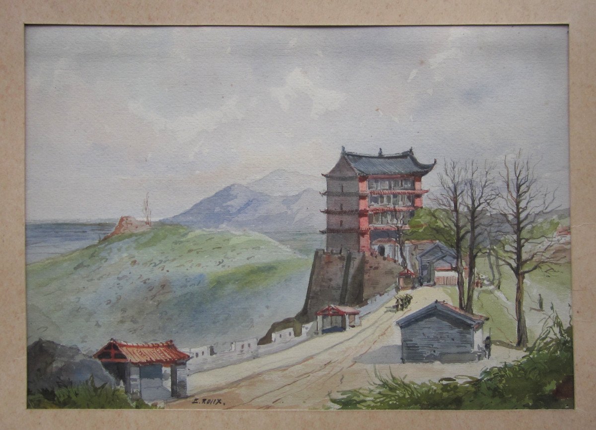 Emile Dominique Roux, Belle Aquarelle XIXe d&#039;Une Ville Chinoise Fortifi&eacute;e, Tableau Chine Asie.-photo-2