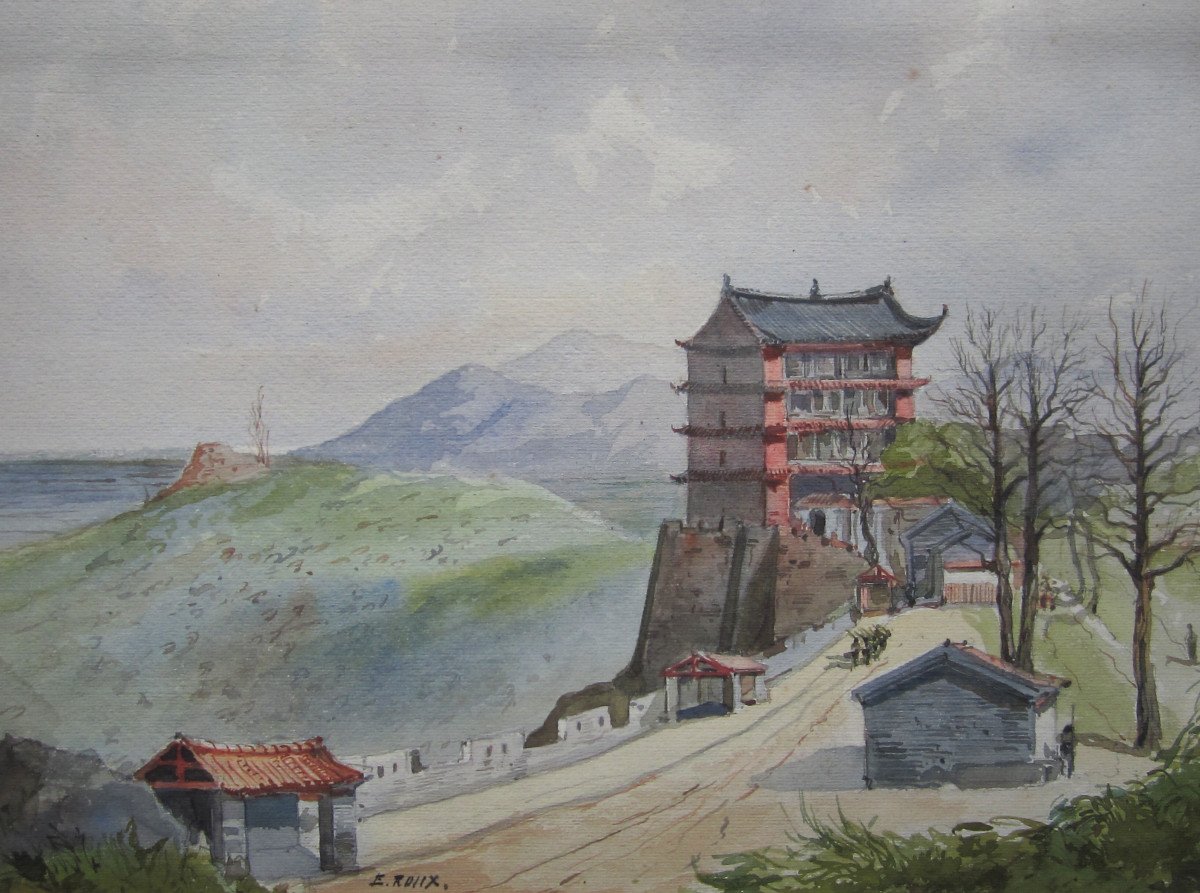 Emile Dominique Roux, Belle Aquarelle XIXe d&#039;Une Ville Chinoise Fortifi&eacute;e, Tableau Chine Asie.-photo-3