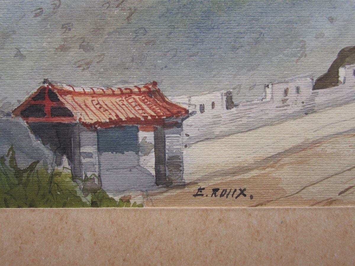 Emile Dominique Roux, Belle Aquarelle XIXe d&#039;Une Ville Chinoise Fortifi&eacute;e, Tableau Chine Asie.-photo-4