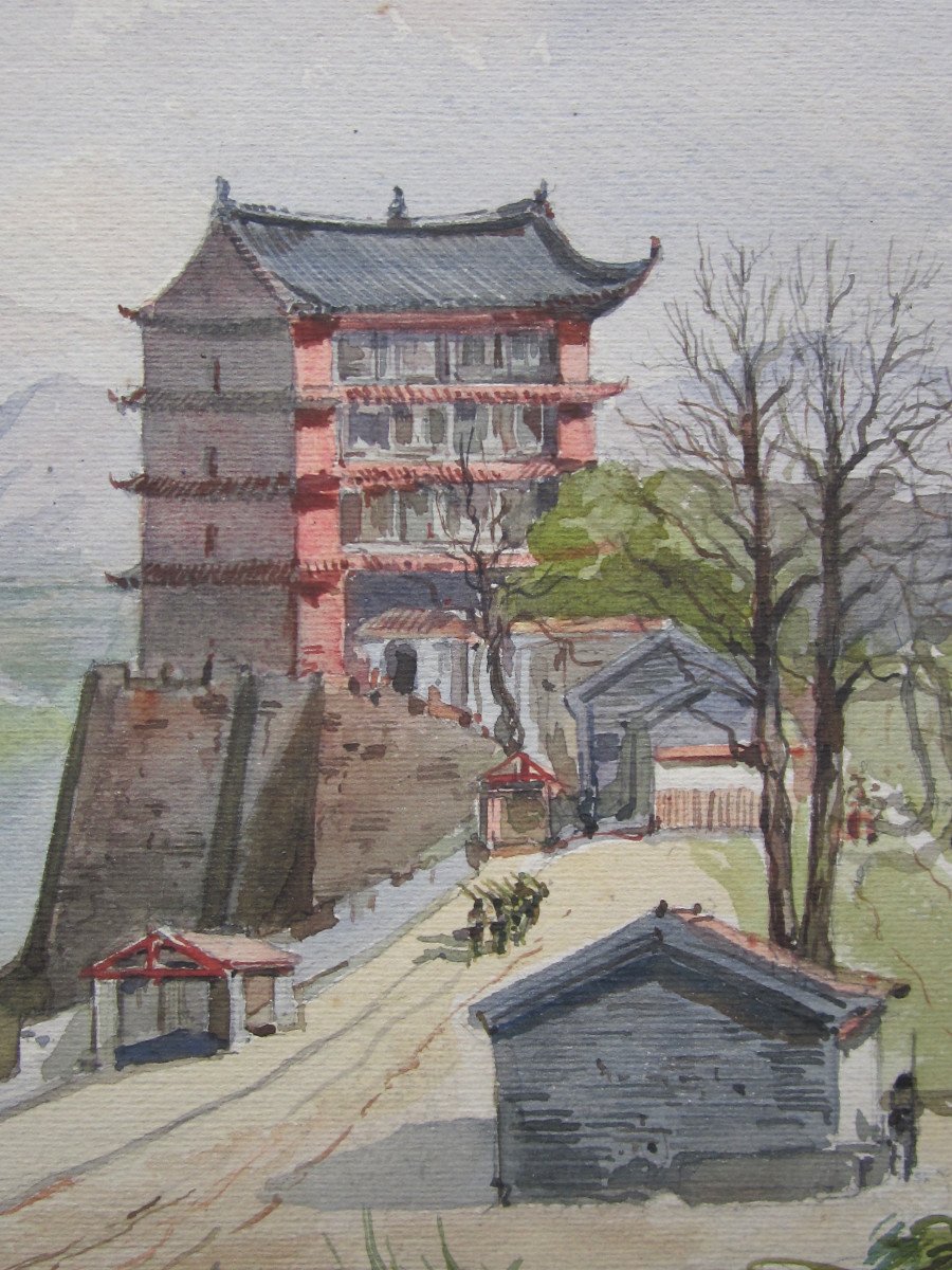 Emile Dominique Roux, Belle Aquarelle XIXe d&#039;Une Ville Chinoise Fortifi&eacute;e, Tableau Chine Asie.-photo-1