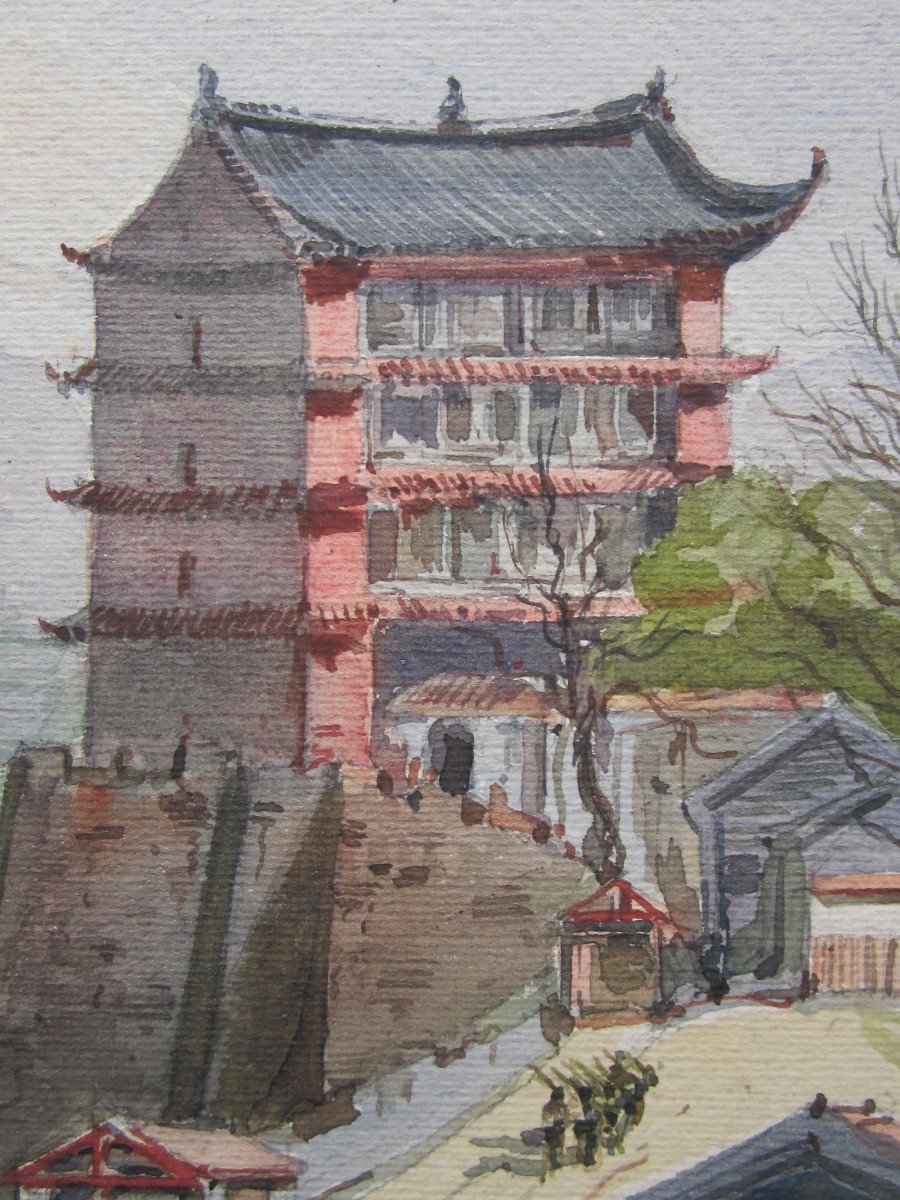 Emile Dominique Roux, Belle Aquarelle XIXe d&#039;Une Ville Chinoise Fortifi&eacute;e, Tableau Chine Asie.-photo-2