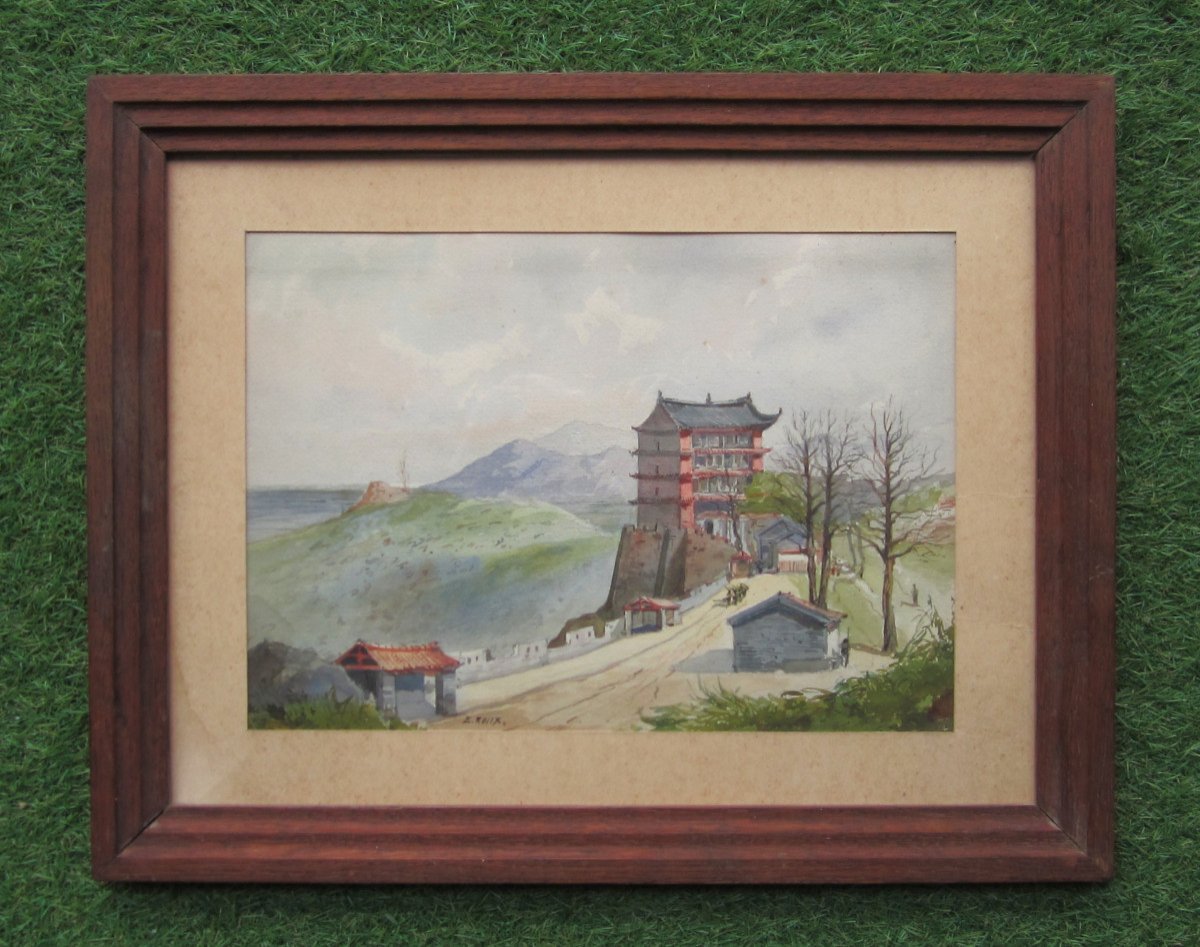 Emile Dominique Roux, Belle Aquarelle XIXe d&#039;Une Ville Chinoise Fortifi&eacute;e, Tableau Chine Asie.