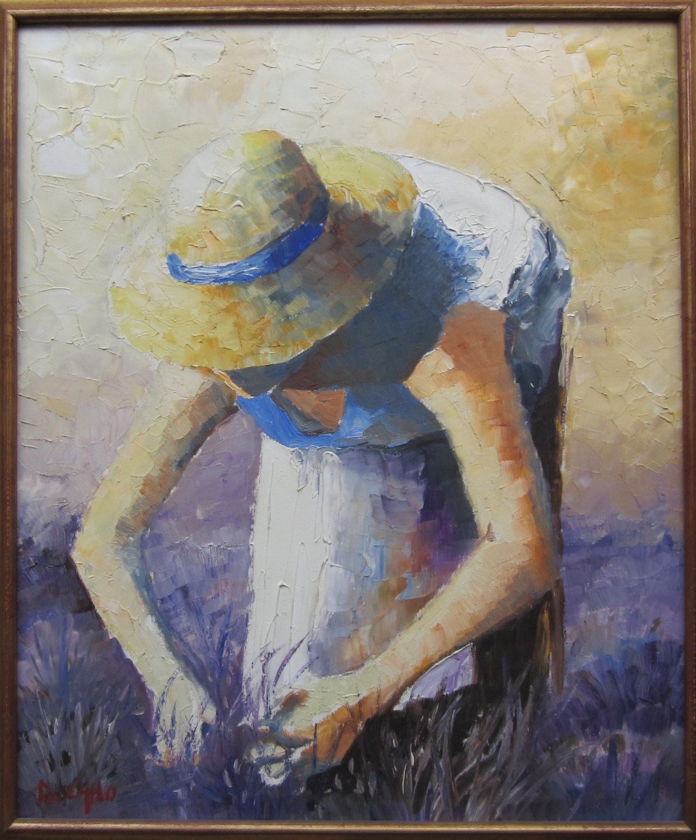 André Deymonaz, Huile Sur Toile Signée, Femme Dans La Lavande En Provence, Tableau Provençal.-photo-2