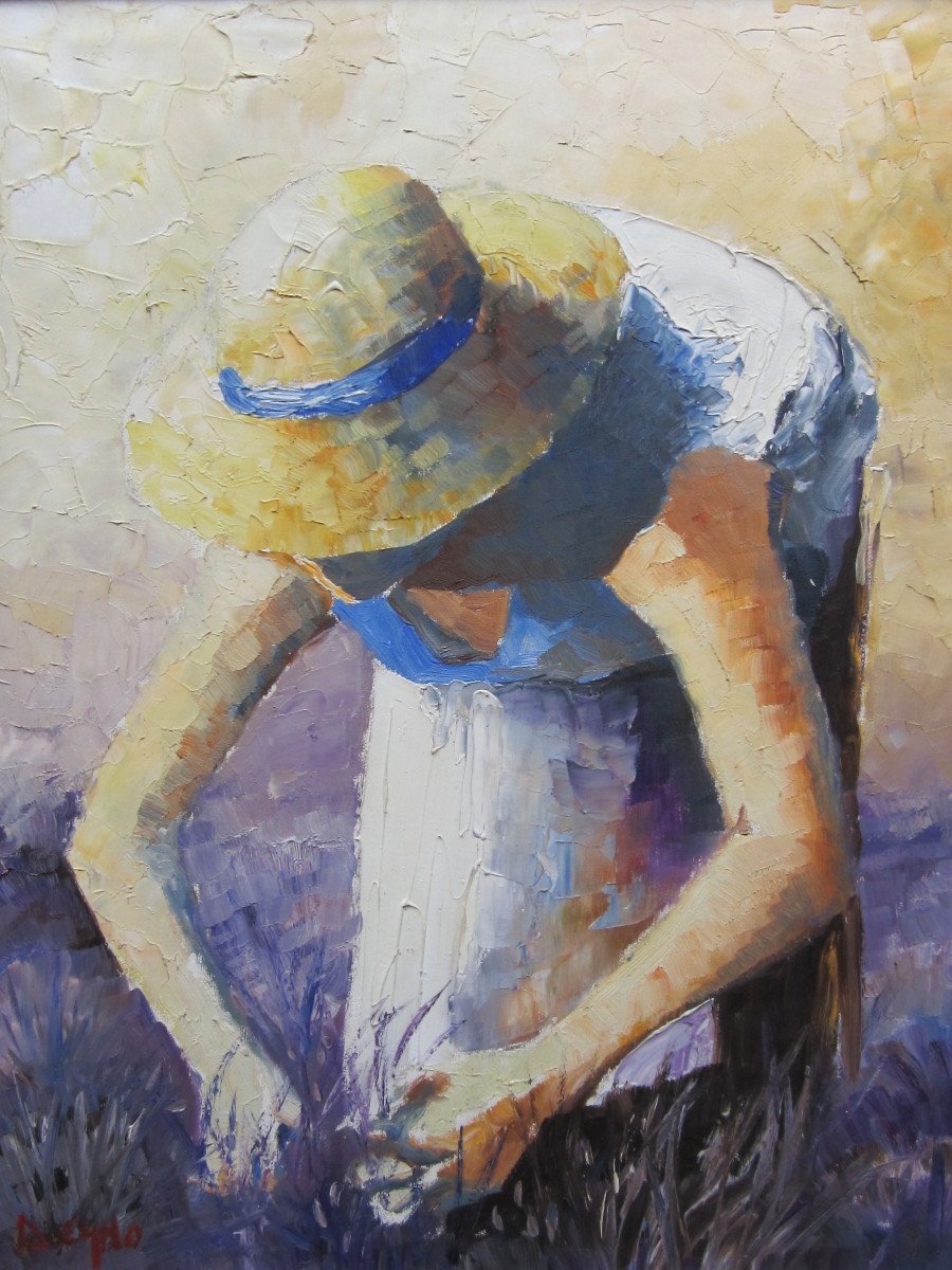 André Deymonaz, Huile Sur Toile Signée, Femme Dans La Lavande En Provence, Tableau Provençal.-photo-3