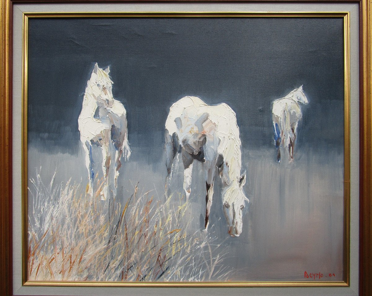 André Deymonaz, Huile Sur Toile Signée, Chevaux blancs Camargue, Tableau Provençal, Provence.-photo-2