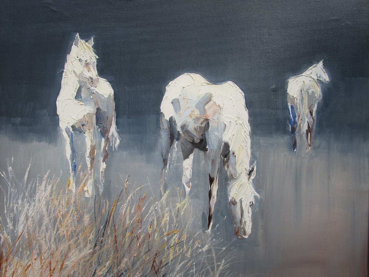 André Deymonaz, Huile Sur Toile Signée, Chevaux blancs Camargue, Tableau Provençal, Provence.-photo-3