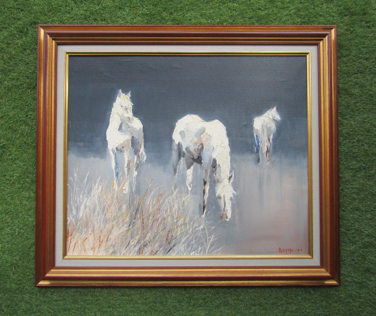 André Deymonaz, Huile Sur Toile Signée, Chevaux blancs Camargue, Tableau Provençal, Provence.