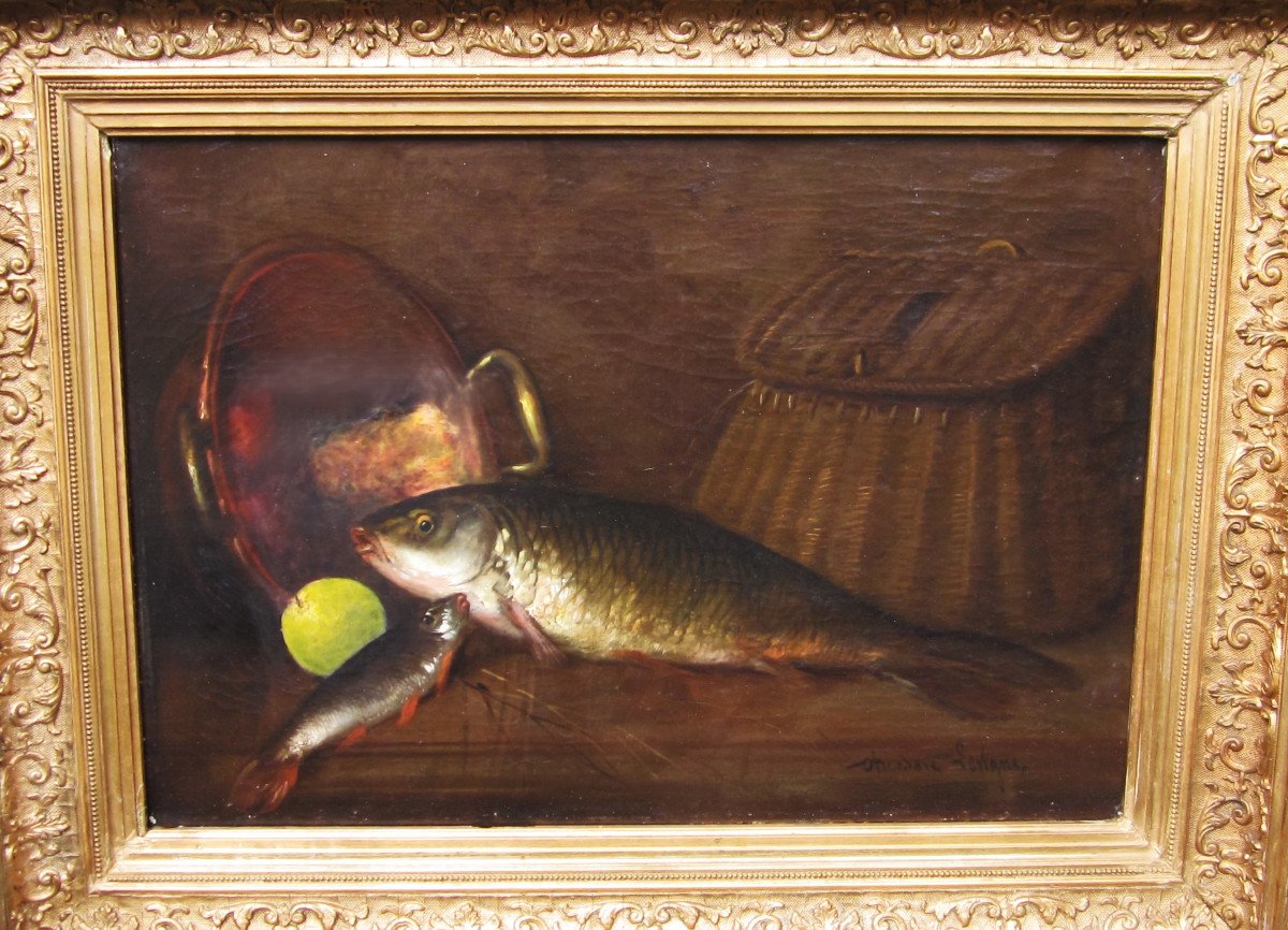 Théodore Lévigne, Large Oil On Canvas Signed, Still Life Painting With Fish Carp Fishing.-photo-2