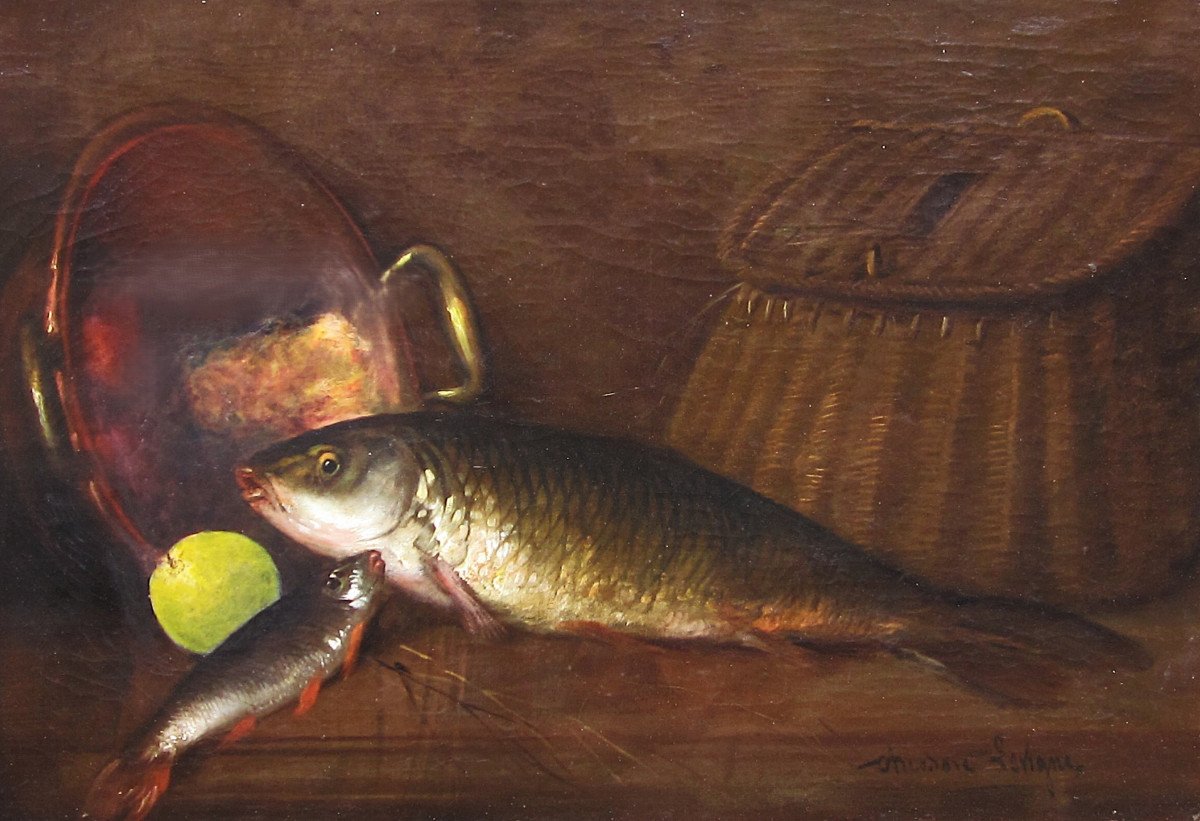 Théodore Lévigne, Large Oil On Canvas Signed, Still Life Painting With Fish Carp Fishing.-photo-3