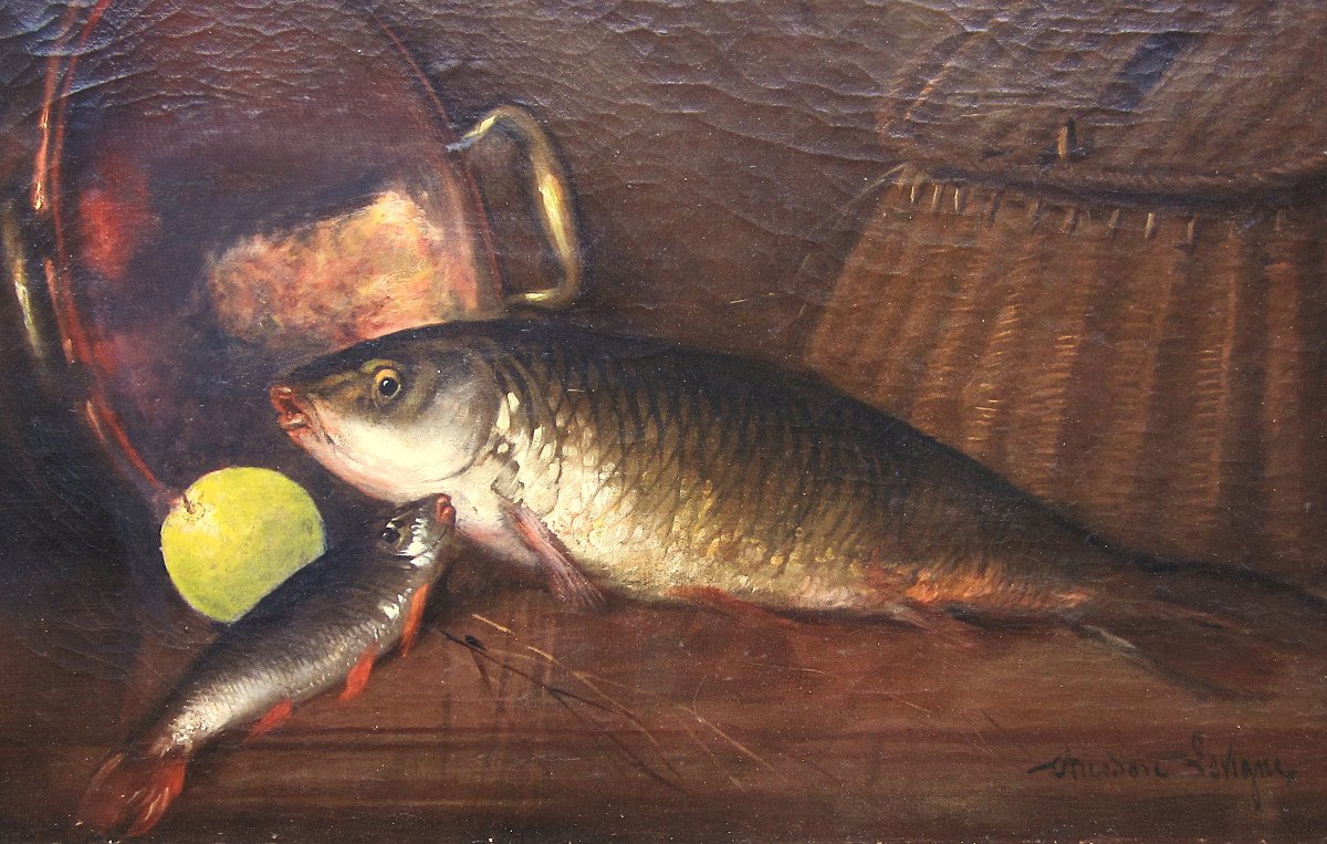 Théodore Lévigne, Large Oil On Canvas Signed, Still Life Painting With Fish Carp Fishing.-photo-4