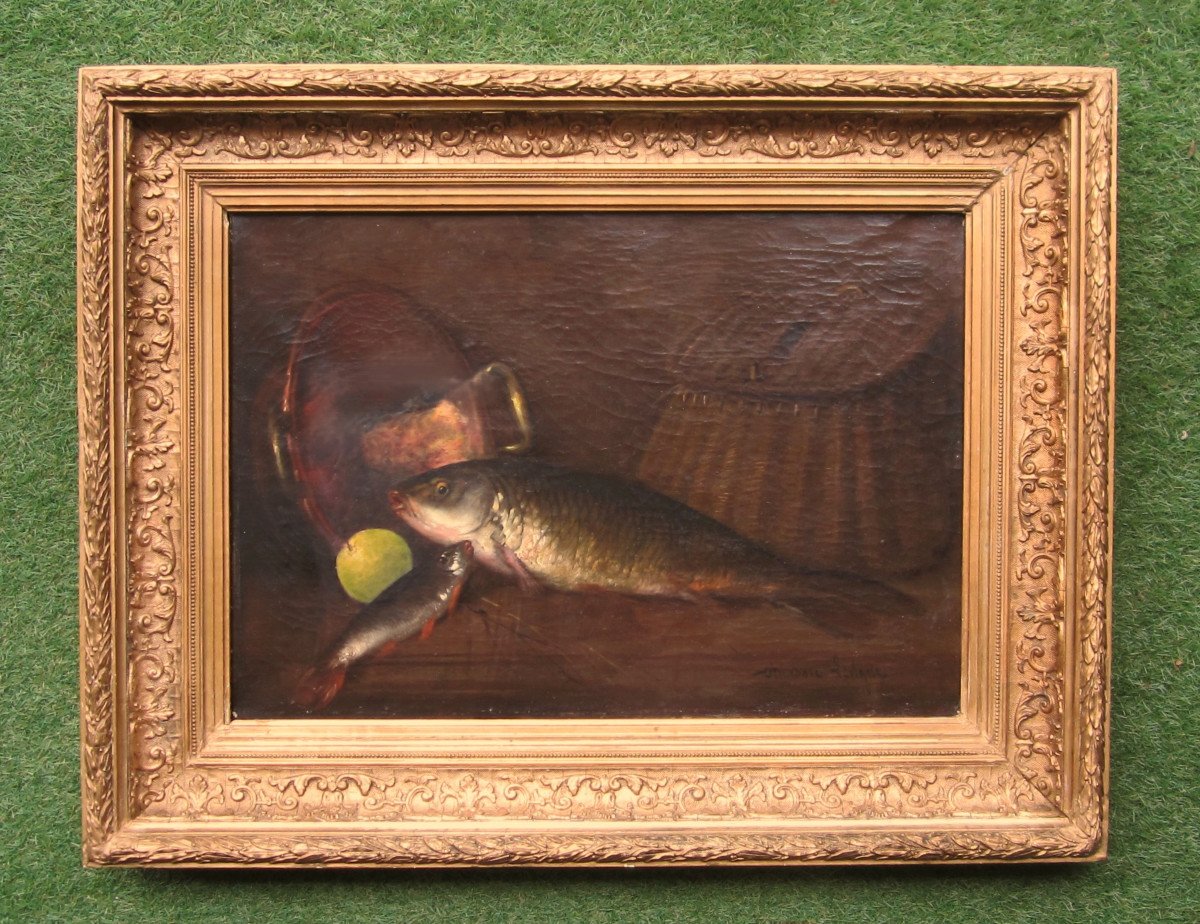 Théodore Lévigne, Large Oil On Canvas Signed, Still Life Painting With Fish Carp Fishing.