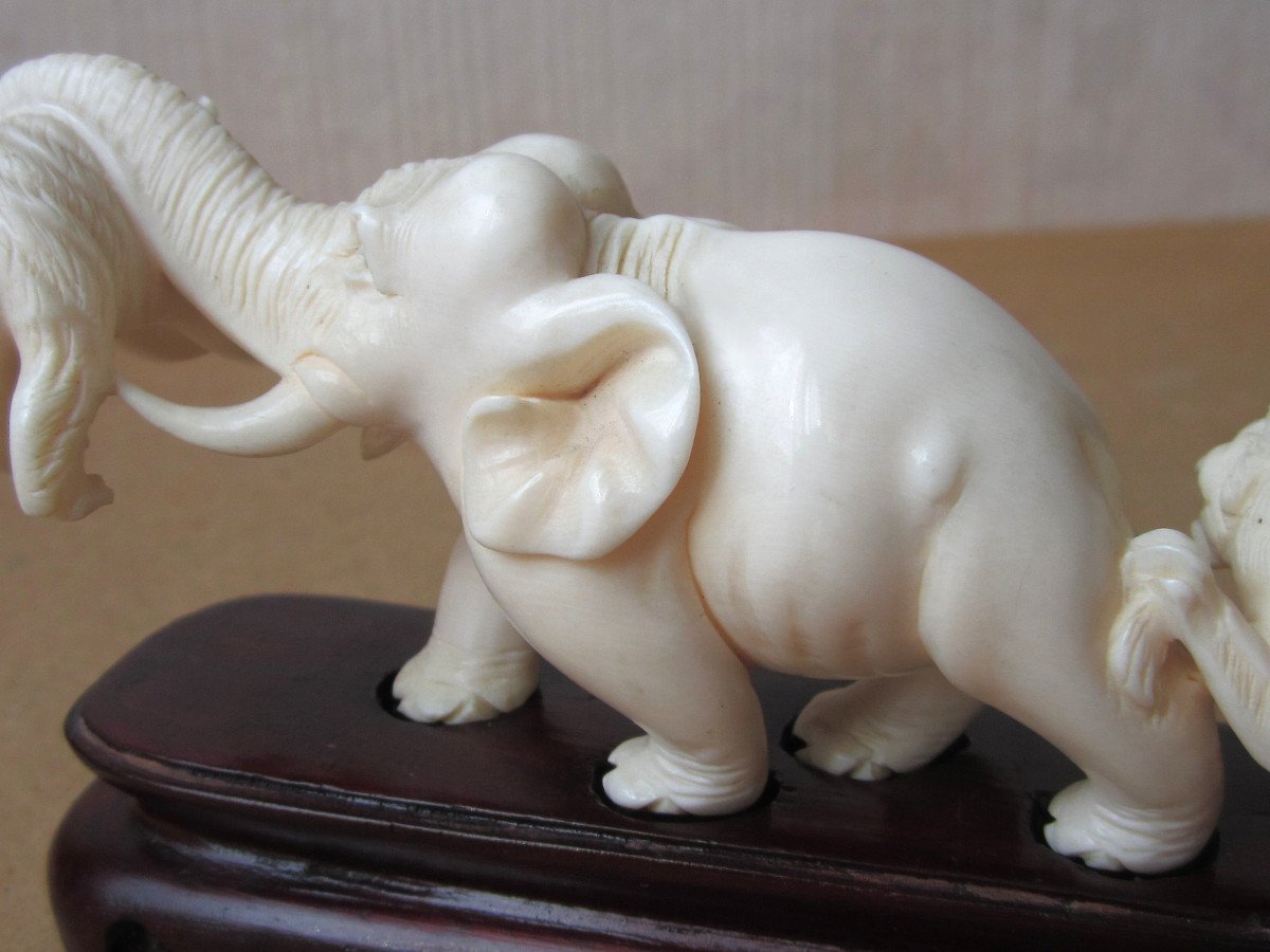 Antique Beautiful Okimono Circa 1900, Carved Animal Group, Tigers And Elephant, In Very Good Condition.-photo-5