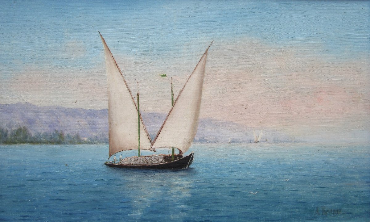 Huile Sur Toile, Tableau Signé Thevenaz Bateau De Pêche Ou Barque école Suisse Lac Léman Savoie-photo-3