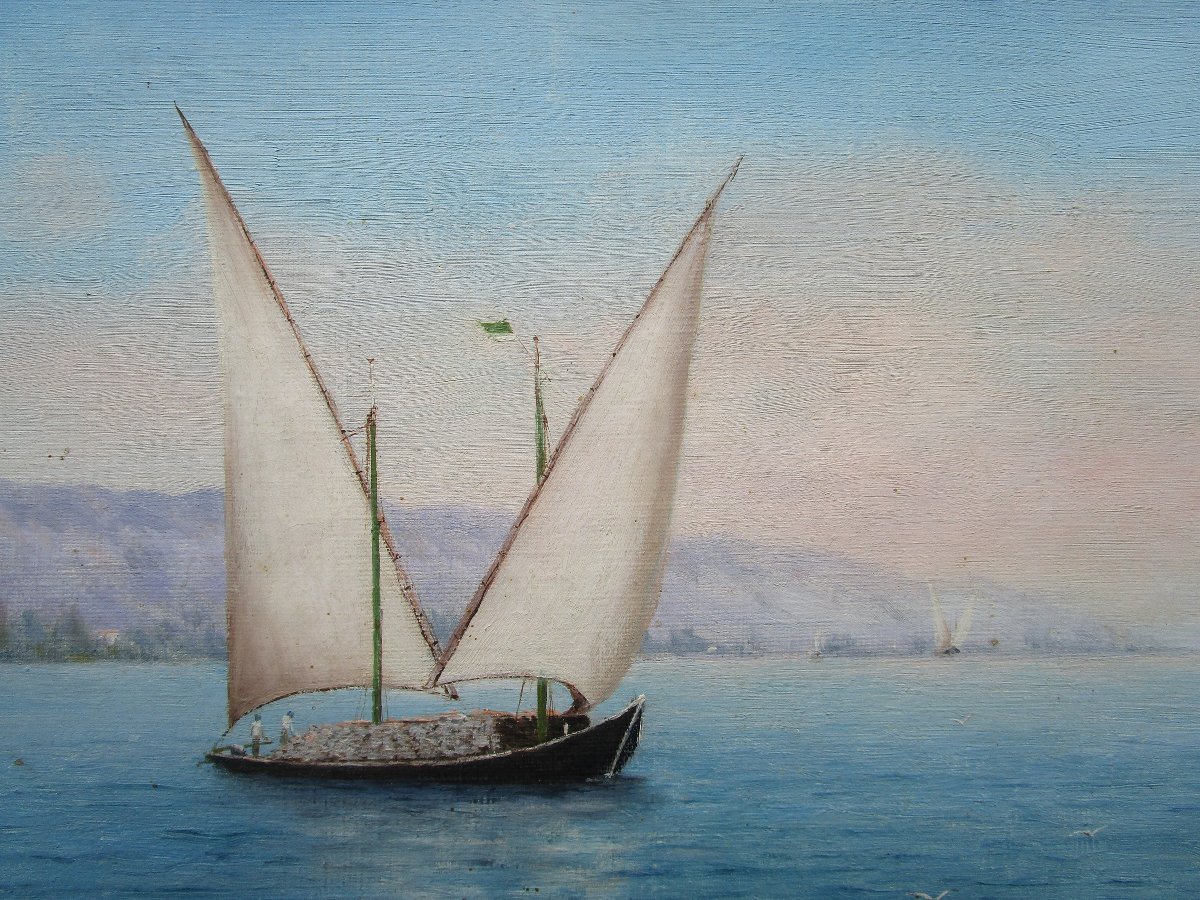 Huile Sur Toile, Tableau Signé Thevenaz Bateau De Pêche Ou Barque école Suisse Lac Léman Savoie-photo-4