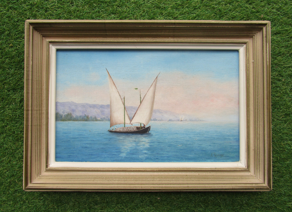 Huile Sur Toile, Tableau Signé Thevenaz Bateau De Pêche Ou Barque école Suisse Lac Léman Savoie