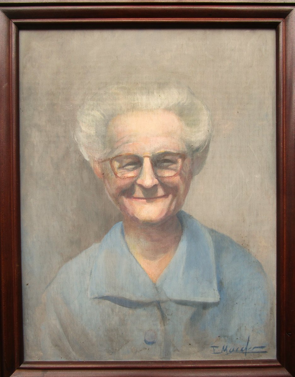 Oil On Canvas, Portrait Of A Smiling Old Lady, Signed And Dedicated Painting, Circa 1940-1950-photo-2