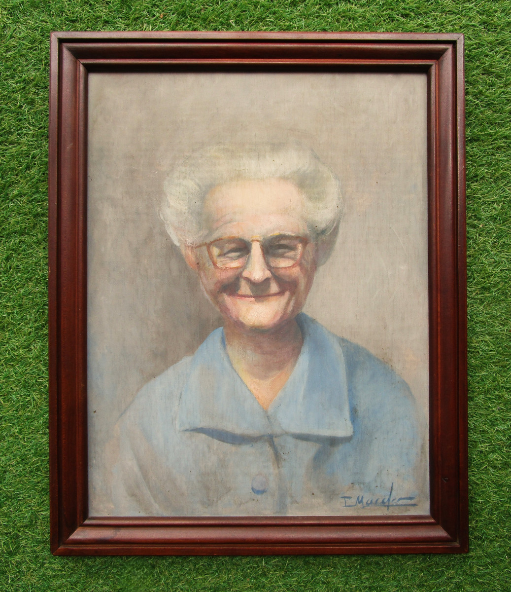 Huile Sur bois, Portrait d'Une Vieille Dame Souriante Tableau Signé Et Dédicacé Vers 1940-1950