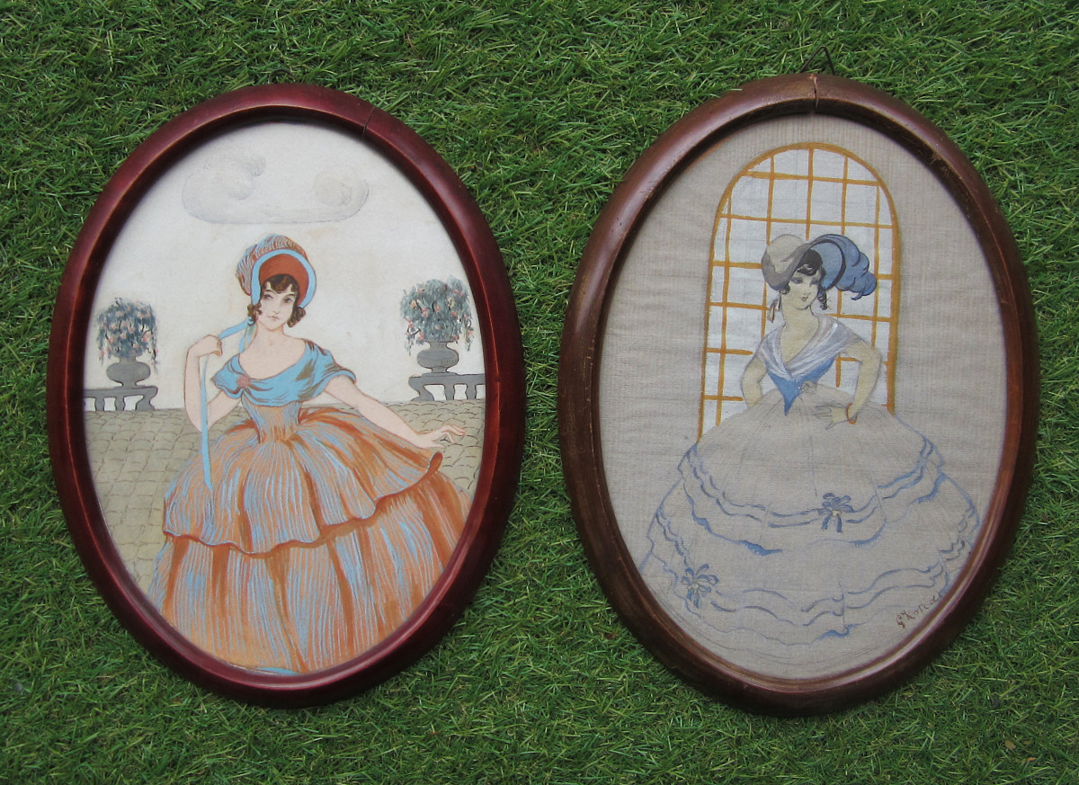 Two Beautiful Art Deco Period Watercolors Elegant Women Portrait Paintings Circa 1930.