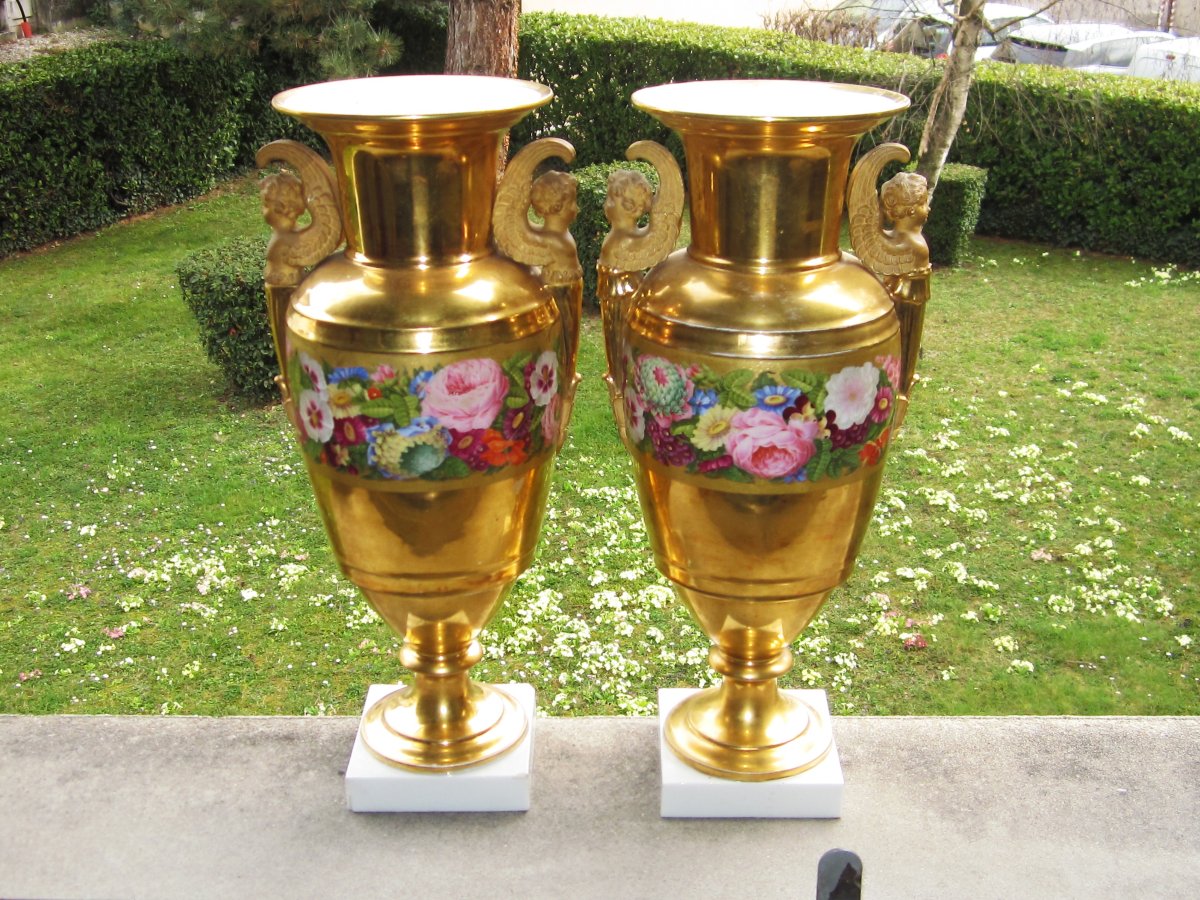 Pair Of Paris Porcelain Vases, Empire Style, Restoration Period, Signed Feuillet 1830.-photo-2