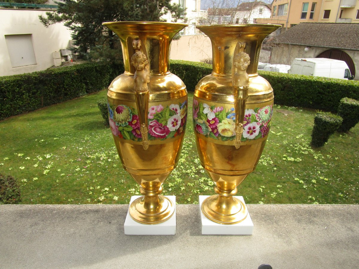 Pair Of Paris Porcelain Vases, Empire Style, Restoration Period, Signed Feuillet 1830.-photo-3