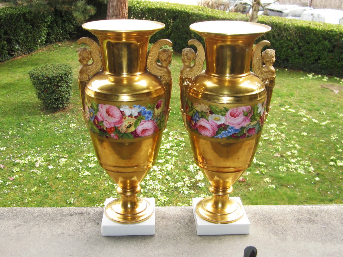 Pair Of Paris Porcelain Vases, Empire Style, Restoration Period, Signed Feuillet 1830.-photo-4