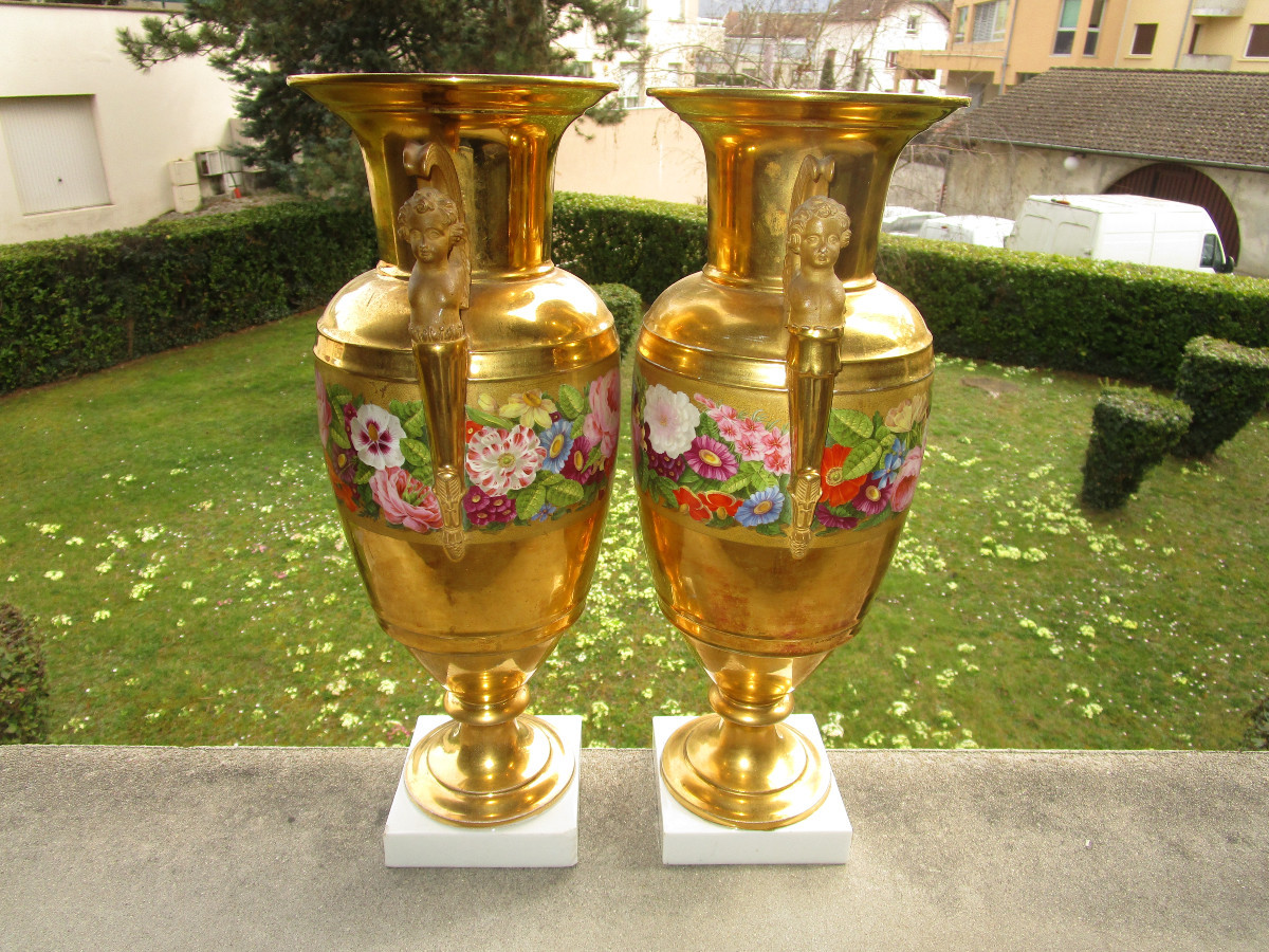 Paire De Vases En Porcelaine De Paris Style Empire, époque Restauration, Signés Feuillet 1830.-photo-1